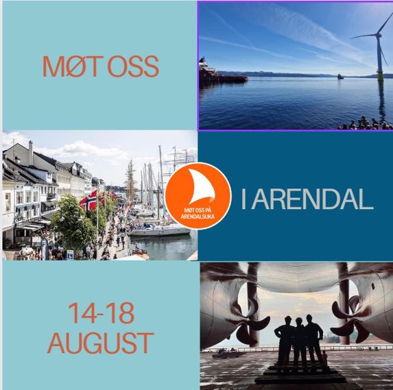 plakat som promoterer arendalsuka 2023, med maritime bilder og datoer for arendalsuka 2023 