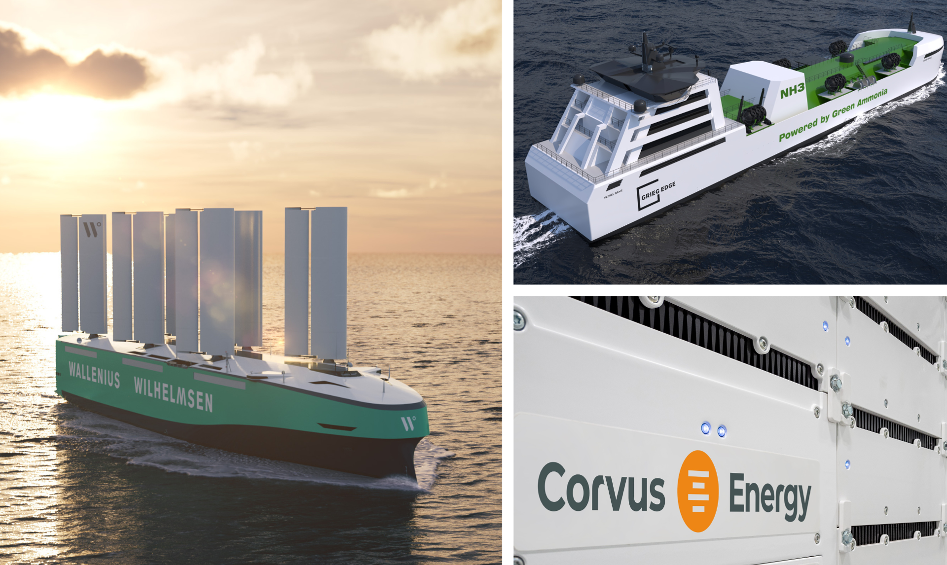 collage av de tre nominerte til heyerdahlprisen 2023, orcelle wind fra wallenius wilhelmsen, batteriselskapet corvus energy og ms green ammonia fra grieg