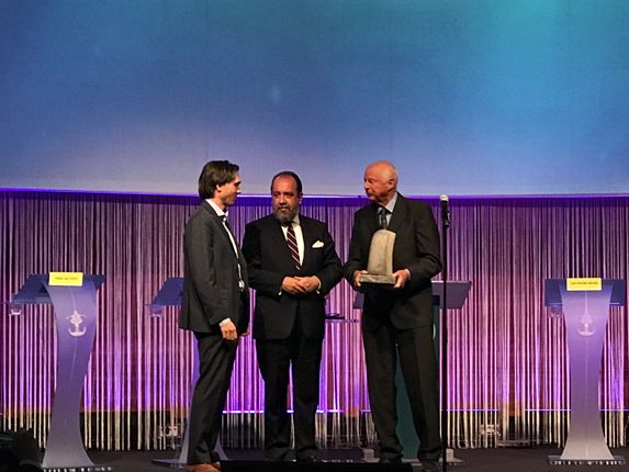 The ocean cleanup recieves the award on stage during the annual conference in 2017