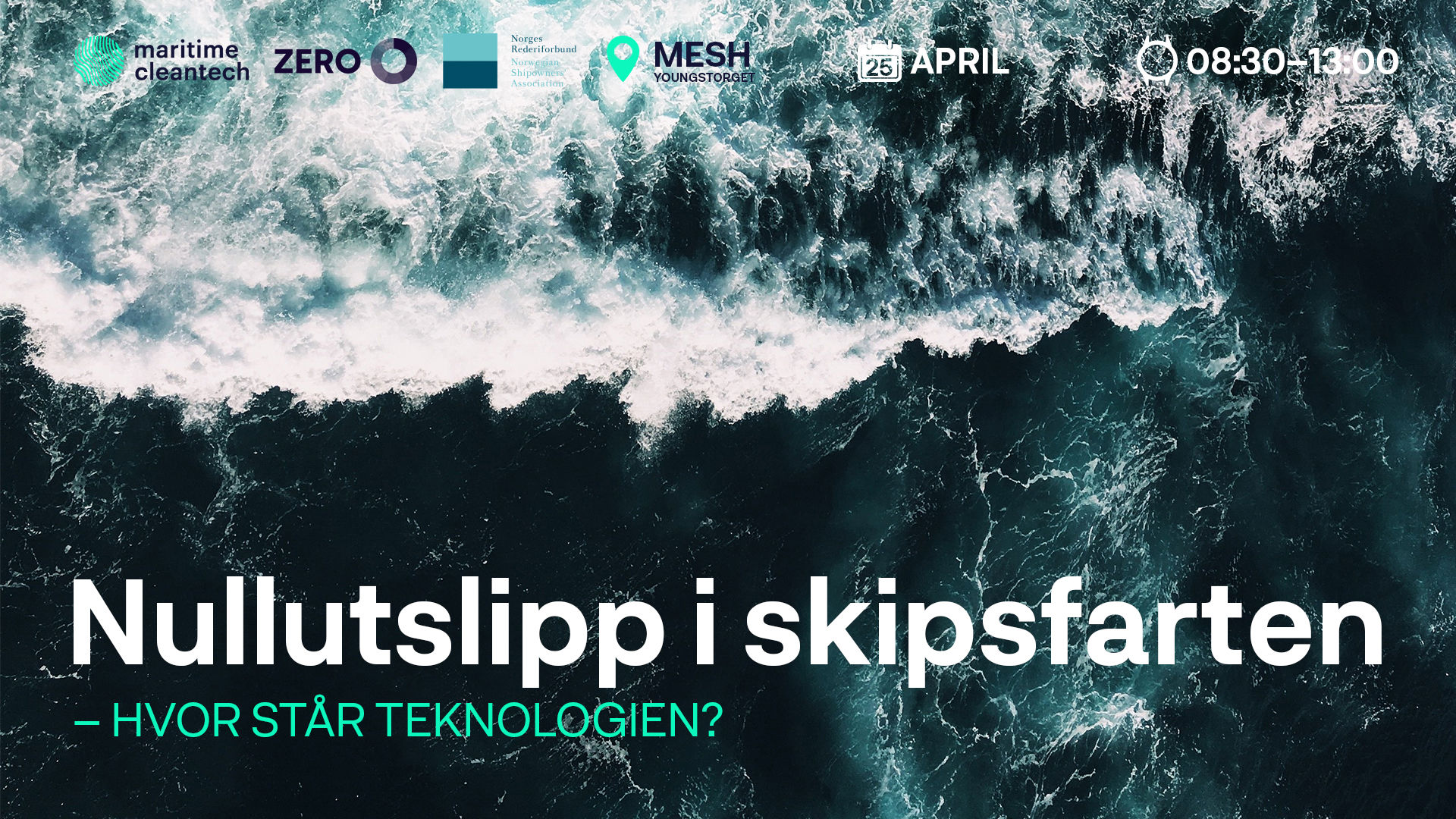 promobilde nullutslipp i skipsfarten, tekst på en bakgrunn av hav 