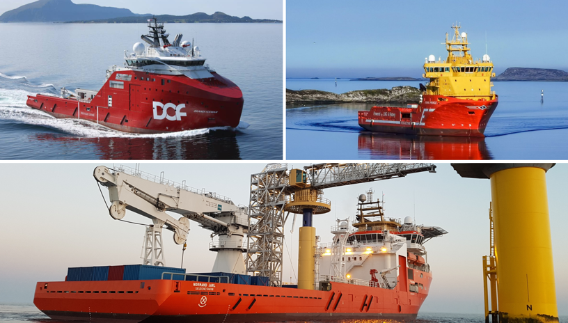 Collage av offshoreskip tilhørende Dof, Eidesvik og Solstad Offshore.
