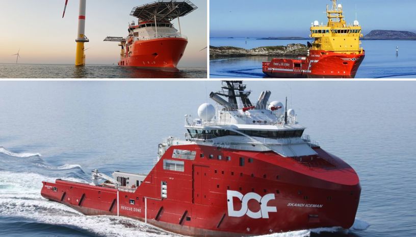 collage av offshoreskip tilhørende DOF; Solstad Offshore og Eidesvik Offshore