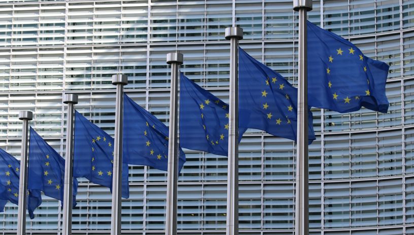 Syv flaggstenger med EU-flagg foran et grått bygg 